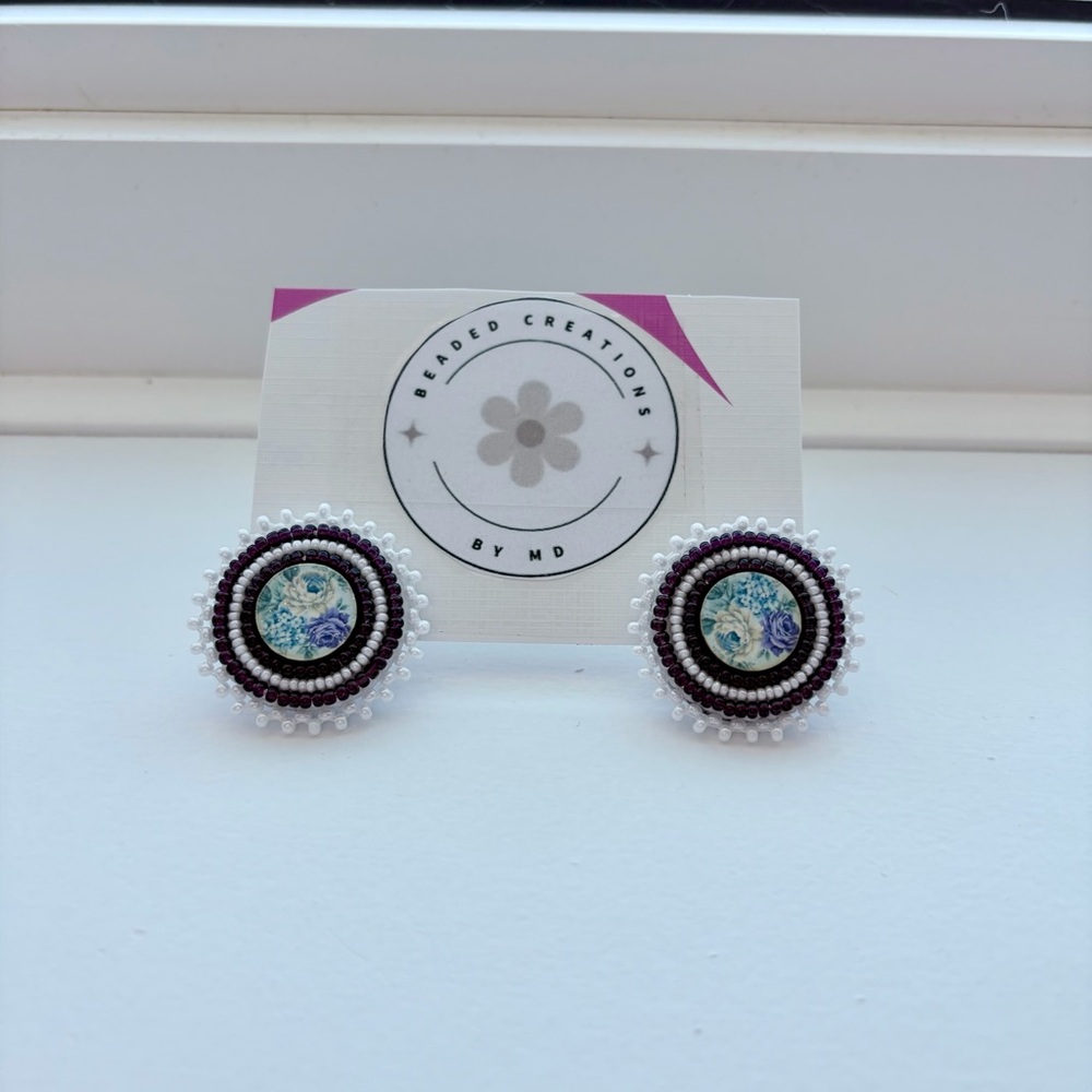Handmade Floral Beaded Stud Earrings • Blue & White Statement Studs